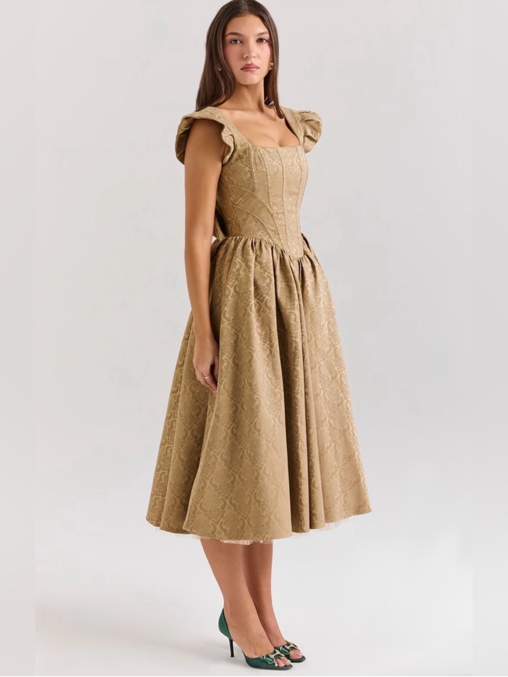 House of CB ALESSANDRA Gold Jacquard Midi Dress With Detachable - Picture 6 of 16